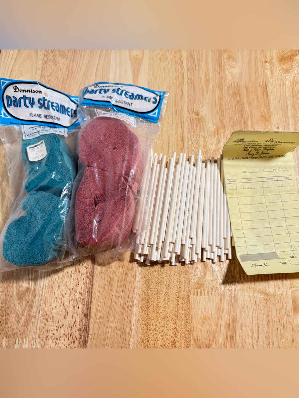VTG Dennison Party Streamers Blue Red & Sucker Sticks 1987 Receipt Retro Party